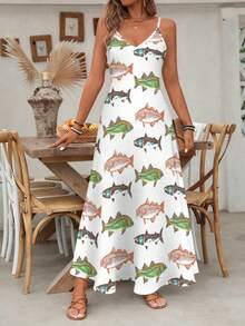 One Literary-Style Knitted Fabric White Background Colorful Fish Women's V-Neck Spaghetti Strap Dress For Summer, Suitable For Daily Shopping And Friend Gatherings, Also A Great Gift Choice For Birthdays And Festivals. The Main Color Of The Picture Is White, Paired With White Background Colorful Fish Prints, And The Style Is Loose And Elegant. - Nhiều màu - Xem 3