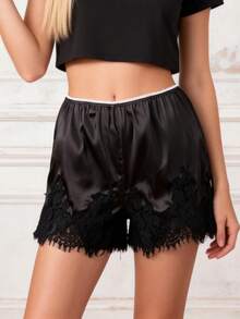 Boho Women's Lace Trim Satin Silk Shorts Shiny Elastic Waist Mini Shorts Pettipants Half Slip Shorts French Knickers Boyshorts For Dresses Full Coverage Underwear Lounge Pants - 深灰色 - 查看 5