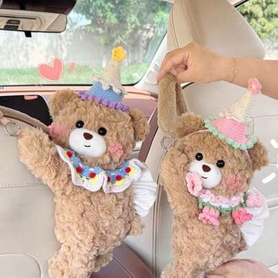 Cute Bear Car Tissue Box, High-Quality Material, Fashionable And Novel Car Tissue Box Decor, Best Choice For Ladies, Can Be Used As Car Hanging Accessory Or Indoor Decoration
