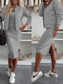 ChicMe 2pcs Women's U-Neck Open Back Fitted Knit Dress & Pearl Button Front Casual Ribbed Baseball Jacket Set, Suitable For Daily Office Wear - Grey - View 2