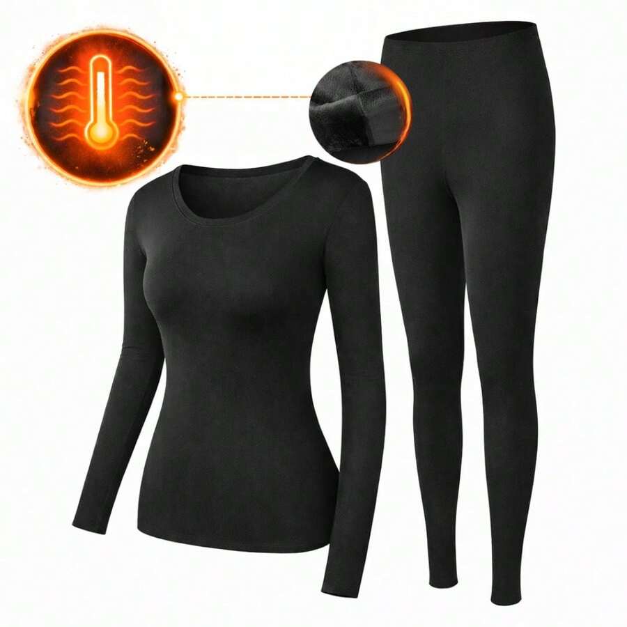 Women's Winter Thermal Kit: Thermal Base Layer Top + Footless Tights | Warm, Stylish, And Ideal For Cold Winter Days - màu đen - Xem 1