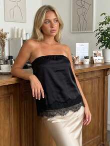 Women Tube Tops Summer Eyelash Lace Trim Backless Off-Shoulder Bandeau Backless Shirts for Streetwear - Negro - Ver 6