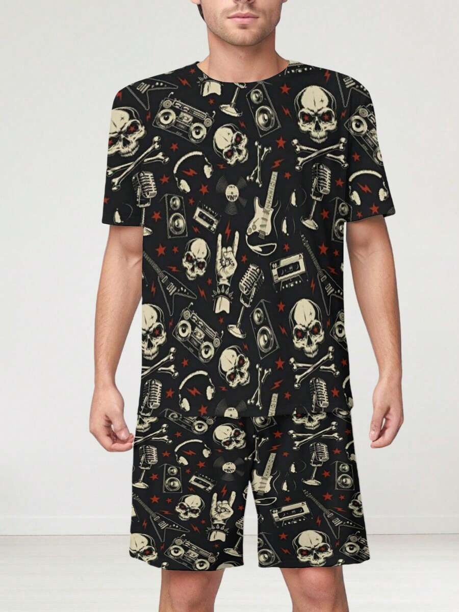 Rock Skull Guitar Cassette Microphone Speaker Red Star Pattern Mens Short Sleeve T Shirt Shorts Set Streetwear Comfortable Fit Everyday Casual Athleisure Outfit Simple Two Piece Set For All Seasons - 彩色 - 查看 1