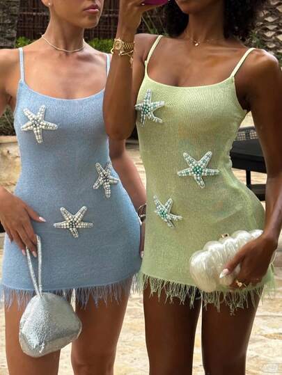 Damen Sommer Neu Urlaub Glitzer Seestern Strass Quaste Spaghetti-Träger Sexy Strick Slip Kleid, Sommerkleid, Sommerurlaub Outfits, Karneval, Strandkleid, Partykleid, Partykleidung, Elegante Kleider, Urlaubskleid, Sommerurlaub Outfits, Y2K Damen, Pailletten Kleid, Glitzerndes Kleid