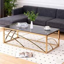 AINPECCA Frame Coffee Table Stainless Steel With Dark Grey Tempered Glass Design Living Room - Dorado - Ver 4