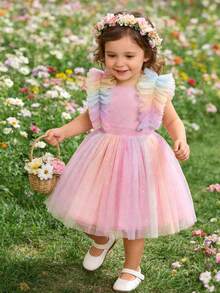 Infant Girls Elegant Cute Star Ruffle Mesh Princess Dress, Formal Gown For Birthday Party, Flower Girl, Vacation - Pink - View 6