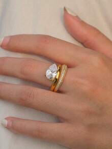 2pcs S925 Silver Material French Luxury Jewelry Set, Teardrop Zirconia Stone Rings Suitable For Engagement, Wedding, Holiday Gift - Yellow Gold - View 5