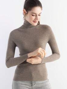 2026 Spring/Summer Women's Merino Wool Blend High Neck Long Sleeve Seamless Knit Sweater - Camel - View 5