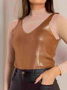 Trico Metalizado Regata Feminia  Tricô    Costas nuas / sem costas    Trico Metalizado  Noite - Dourado - Visão 3