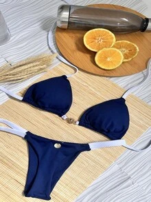Navy Blue And White String Bikini With Sun Buckle, Thong Style, Removable Padding, Polyamide, Tan Lines, Summer, Bronze, Cute, Knit Fabric, Tie-Back, Tie-Knot, Vacation, Beach. - 藏蓝色 - 查看 4