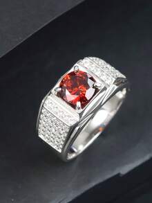 1pc S925 Silver Men's Engagement Ring, Inlaid With 2 Carat Synthetic Garnet, Luxury Jewelry, Suitable As Wedding Anniversary Or Valentine's Day Gift, Ramadan Jewelry - Silver - View 1