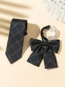 2pcs Classic All-Season Versatile Collegiate & Streetwear Style Shirt Accessories Set: Plaid Tie & Lapel Flower - Multicolor - View 3