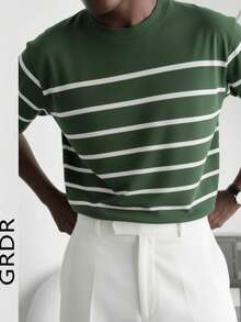 GRDR Men's Summer Knit Striped Short Sleeve Shirt, Suitable For Casual, Business, And Fashion Classic Outfits - Green - View 2