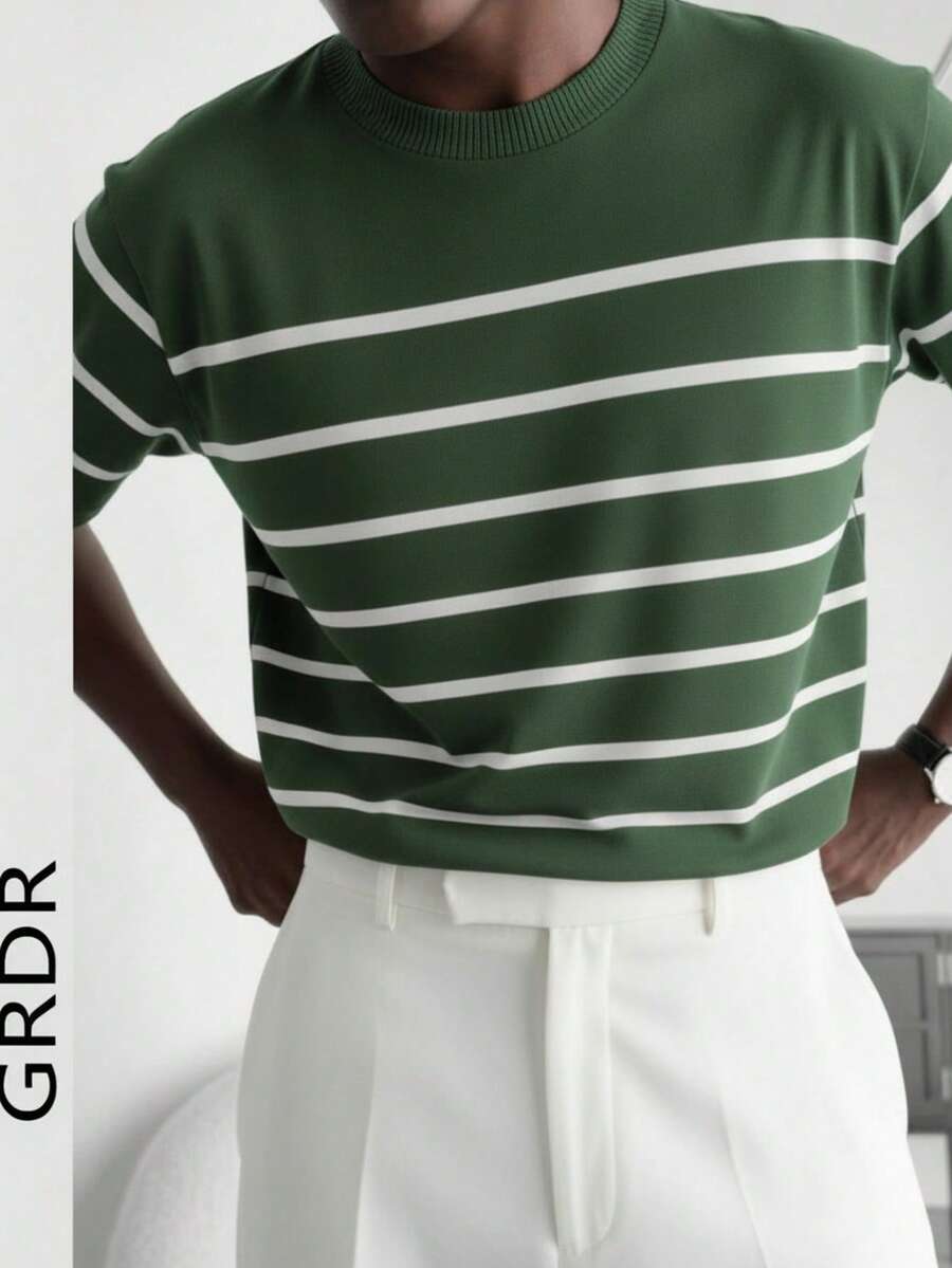 GRDR Men's Summer Knit Striped Short Sleeve Shirt, Suitable For Casual, Business, And Fashion Classic Outfits