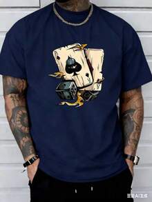 (220 Pure Cotton T-Shirt)    Summer Round Neck Short Sleeved Casual Pure Cotton   Poker-White And Navy Off-The-Shoulder Cropped Top ,Unisex Style - 藏蓝色 - 查看 1