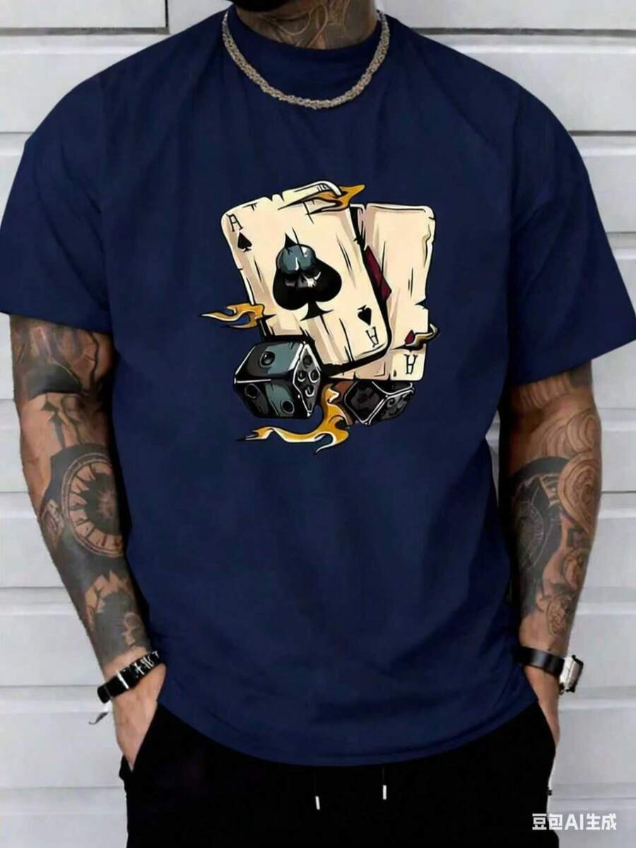 (220 Pure Cotton T-Shirt) Summer Round Neck Short Sleeved Casual Pure Cotton Poker-White And Navy Off-The-Shoulder Cropped Top ,Unisex Style - 藏蓝色 - 查看 1