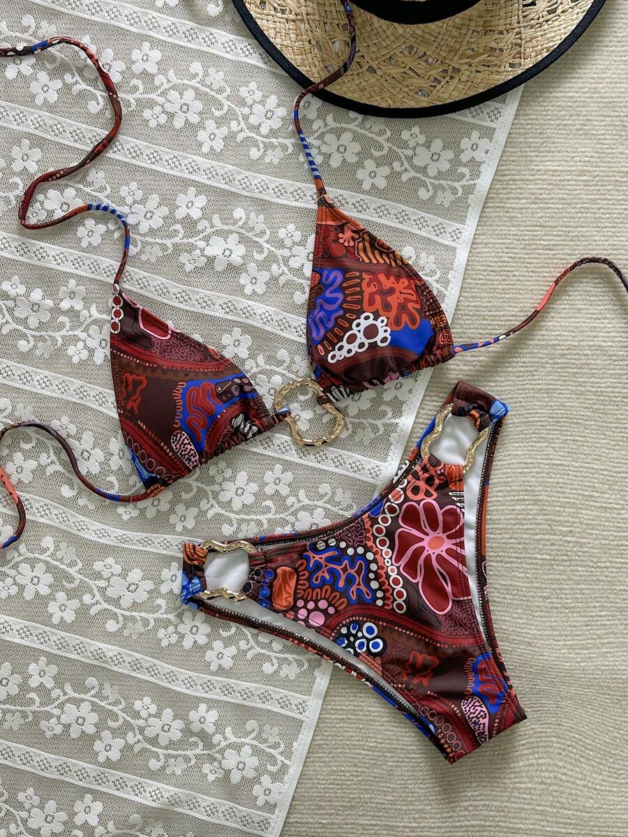 Women's Sexy Backless Tie-Up Bikini Swimwear, Colorblock, Suitable For Beach & Holiday Vacation Summer - Brown - View 1