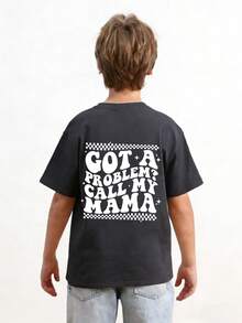 Camiseta con estampado de lema gráfico para niño preadolescente, de tela suave y cómoda, adecuada para deportes al aire libre, uso casual diario, estilo callejero y de campus, moda primavera/verano casual - Gris Oscuro - Ver 2