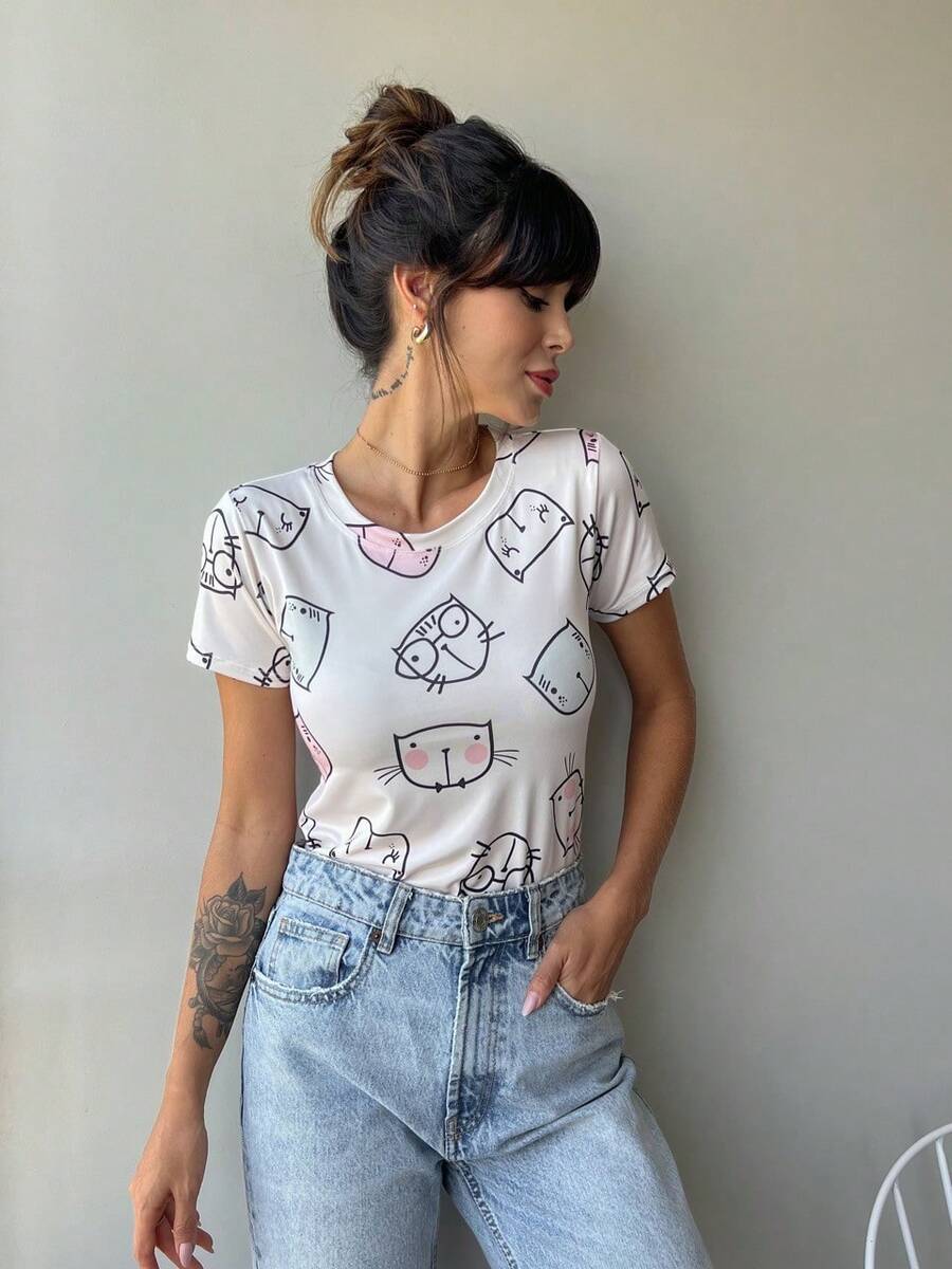 Women's Basic T-Shirt, Crew Neck,  Blouse, Printed Suplex Knit - 小貓 - 查看 1