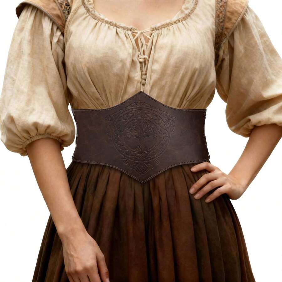 Medieval Corset Belt For Ren Faire - Women's Faux Leather Underbust Cincher, Adjustable Wide Belt For Renaissance Roleplay & Costume - Nâu đậm - Xem 1