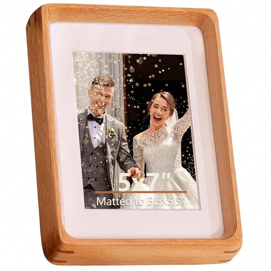 5x7 Solid Teak Wood Picture Frame With 3.5x5.5 Mat, Gallery-Style Wooden Photo Frame, Tabletop Or Wall Display, Horizontal Or Ve..Rtical Orientation, High-Clarity Plexiglass Cover, Rustic/Cottage Style, Polished & Oil Rubbed Finish - 柚木5x7,墊高至35x55 - 查看 1