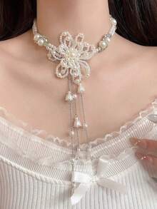 1pc Double-Layer Faux Pearl Flower Tassel Necklace, Fashionable Luxury Faux Pearl Metal Rhinestone Necklace, Suitable For Women's Daily Wear, Dating, Beach, Party, Gift, Holiday - White - View 2