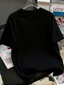 男士美式街头风自由女神像印花短袖T恤，宽松休闲街头风上衣，火焰袖口 - 黑色 - 查看 2