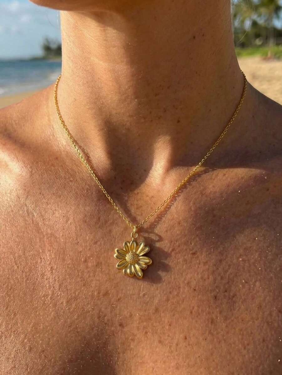 1pc Stainless Steel Sunflower Pendant Necklace Flower Pendant Gold Collarbone Necklace For Women Gifts Birthday Gift Mothers Day Gift - Necklace - View 1