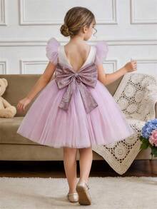 年轻女孩闪亮蝴蝶结派对礼服，薄纱公主礼服，适合生日、婚礼、庆典、派对、花童礼服 - 淡紫色 - 查看 5