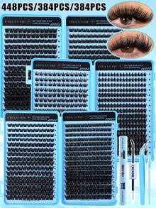 This DIY False Eyelashes Set Contains 448/384/200 Individual False Lashes To Create A Natural Makeup Look. The Set Includes 6 Different Lengths (9-16mm) Of Thickened Individual Lashes: Natural Lashes, Pointed Lashes, Lashes With Pointed Tips, And Cat-Eye Lashes, As Well As Eyelash Glue, Setting Spray, Eyelash Brush, And Tweezers. - 藍色 - 查看 1