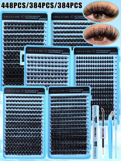 This DIY False Eyelash Kit Contains 448/384/200 Individual False Eyelashes For A Natural Look. The Kit Includes Six Different Lengths (9-16mm) Of Thickened Individual False Eyelashes: Natural Lashes, Spiked Lashes, Lashes With Spikes, And Cat-Eye Lashes, Along With Eyelash Glue, Setting Spray, An Eyelash Brush, And Tweezers.