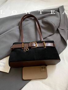 1pc Low Tea Solid Color Suede Fabric Shoulder Bag, Women's Retro Fashion Square Shoulder Bag With Top Double Handles, Zipper Closure, Suitable For Travel, Shopping, Dating, Women's Gift, Great For Commuting, Outdoor, Travel, Hiking , Valentines Gifts - 黑色 - 查看 3
