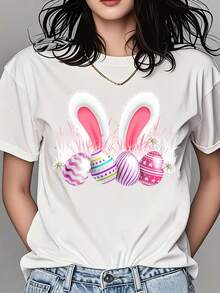 Women Round Neck T Shirt Easter Bunny Ears And Colorful Eggs Print Short Sleeve Casual Spring Festival Outfit - 白色 - 查看 1