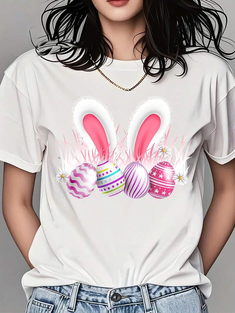 Women Round Neck T Shirt Easter Bunny Ears And Colorful Eggs Print Short Sleeve Casual Spring Festival Outfit - 白色 - 查看 1