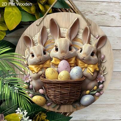 1件复古复活节木质墙饰 - 可爱兔子和彩蛋设计，适用于家庭、办公室、咖啡厅装饰，无需电源