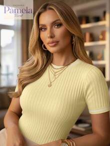 Women's Modal Knit Blouse With Striped Detail, Round Neck, Short Sleeves, Summer Fashion Knit Top - Rosa - Xem 7
