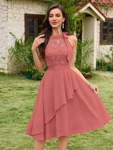 MIUSOL Gaun Pesta Halter Berhiaskan Payet, Renda, dan Patchwork Bunga, Cocok untuk Ulang Tahun, Tamu Pernikahan, Gala Malam, dan Acara Lainnya, Elegan di Musim Panas. - Dusty Pink - View 6