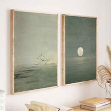 1/2 pieza/set Pinturas de lienzo minimalistas, pósteres de paisaje abstracto japonés, diseño de atardecer verde salvia, decoración de pared estilo escandinavo zen, arte de estilo bohemio de color tierra, adecuado para habitación, dormitorio, sala de estar, decoración del hogar, arte de pared del dormitorio, piezas de arte de tono neutral moderno, creando una atmósfera de hogar pacífica, sin marcos incluidos - verde menta - Ver 3