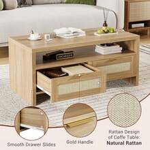 Mesa de centro de madera estilo rústico con 2 cajones y estante - 100 cm, tablero grueso y detalles de ratán - Mesa de salón con espacio para TV, consola multimedia para una sala de estar moderna - Marrón - Ver 7