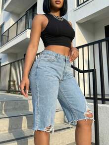 Women's Denim Knee-Length Shorts With Distressed Detail & Raw Hem Retro Unique Design Elegant Casual Outing Shorts - Rửa nhẹ - Xem 3