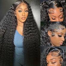 自然黑色短款波波头蓬松卷发假发，13x4/13x6高清蕾丝前假发，180%密度，4x4/5x5无胶预剪蕾丝闭合假发，耐热合成混纺人发假发，带婴儿发，预先拔毛，深卷发，适合女性佩戴，预剪蕾丝适用于4x4/5x5尺寸。 - 自然色&黑色系 - 查看 10