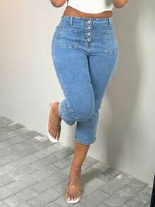 Pantalones vaqueros de mujer de talle medio con elasticidad y botones para looks urbanos - Azul lavado medio - Ver 3