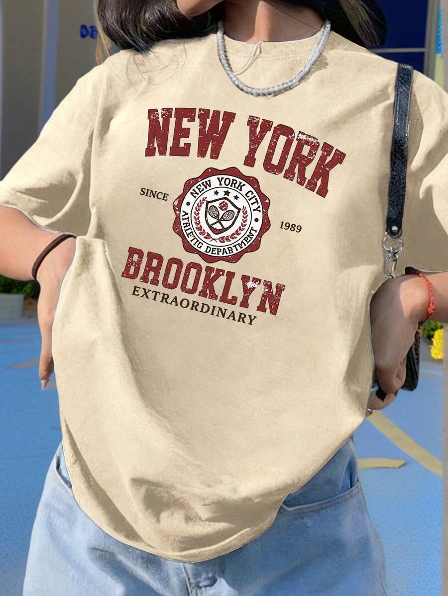 女款圓領短袖基礎 T-shirt,柔軟親膚面料,休閒日常街頭風百搭上衣,夏季款 - 杏色 - 查看 1