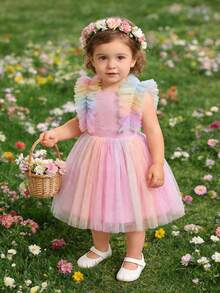 Infant Girls Elegant Cute Star Ruffle Mesh Princess Dress, Formal Gown For Birthday Party, Flower Girl, Vacation - Pink - View 8
