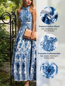 New Women's Casual Blue Printed Dress, Round Neck, Sleeveless A-Line Silhouette, Elegant Long Dress, Women's Spring/Summer Clothing. - 藍色 - 查看 1