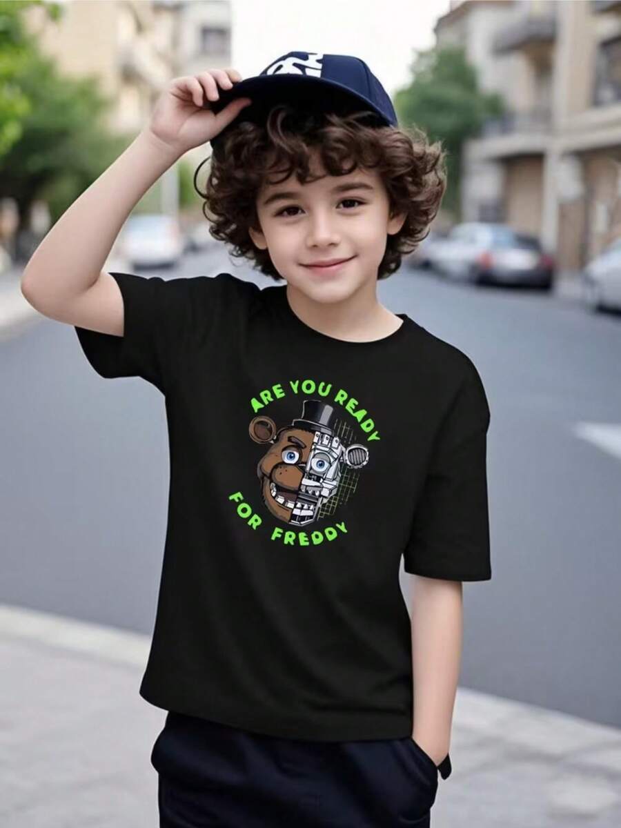 Camiseta dulce 2D de manga corta con dibujo animado para niño ropa de verano casual cómoda ideal para actividades al aire libre nueva moda - Negro - Ver 1