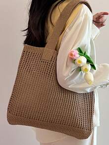 ENBEI Bolso de mano grande de ganchillo hecho a mano con capacidad amplia, regalo para el Día del Maestro/Día de la Madre, mochila para libros de mamá, esencial para vacaciones, espacioso, ligero, portátil, estilo casual clásico, adecuado para adolescentes, mujeres, estudiantes universitarias para vacaciones, días festivos, al aire libre, viajes, playa, perfecto para verano, vacaciones y uso diario, esencial para viajes, bolso de hombro en color caqui y beige, bolso de mano, bolsa de compras - Caqui - Ver 3