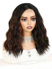 16 Inch Women's Short Shoulder Length Center-Parted Curly Wavy Brown Highlighted Wig, Made Of Heat-Resistant Synthetic Fiber, Natural And Realistic, Suitable For Daily Wear And Parties - Brown Highlight - View 6