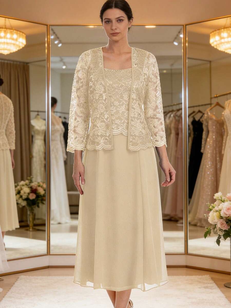 Elegant Two Piece Lace and Chiffon Outfit Featuring a Square Neck Lace Top Paired with a Matching Short Lace Jacket, Designed with Delicate Wave Edge Lace Trim for Added Texture and Dimension, Completed with a Flowing Chiffon Midi A Line Skirt that Creates a Graceful and Balanced Silhouette, Crafted from Sequin Lace and Lightweight Chiffon Fabric with Subtle Shimmer, Ideal as Mother of the Bride Outfit, Evening Wear or Formal Social Occasion Attire, Perfect for Women Seeking a Polished Look that Combines Mature Grace, Soft Femininity and Refined Elegance - Champán - Ver 1