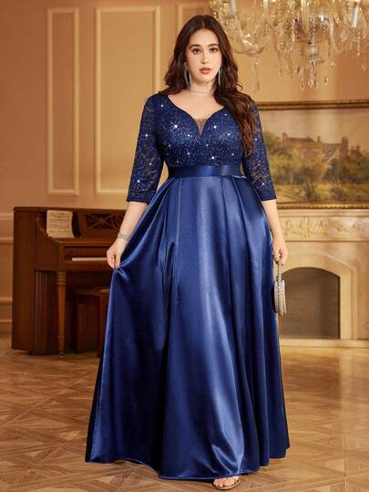 Plus Size Elegant Deep V-Neck Sequin Lace 3/4 Sleeve Contrast Satin Evening Maxi Dress, Formal Wedding Guest Gown, Suitable For Birthday, Graduation, Gala, Homecoming Spring